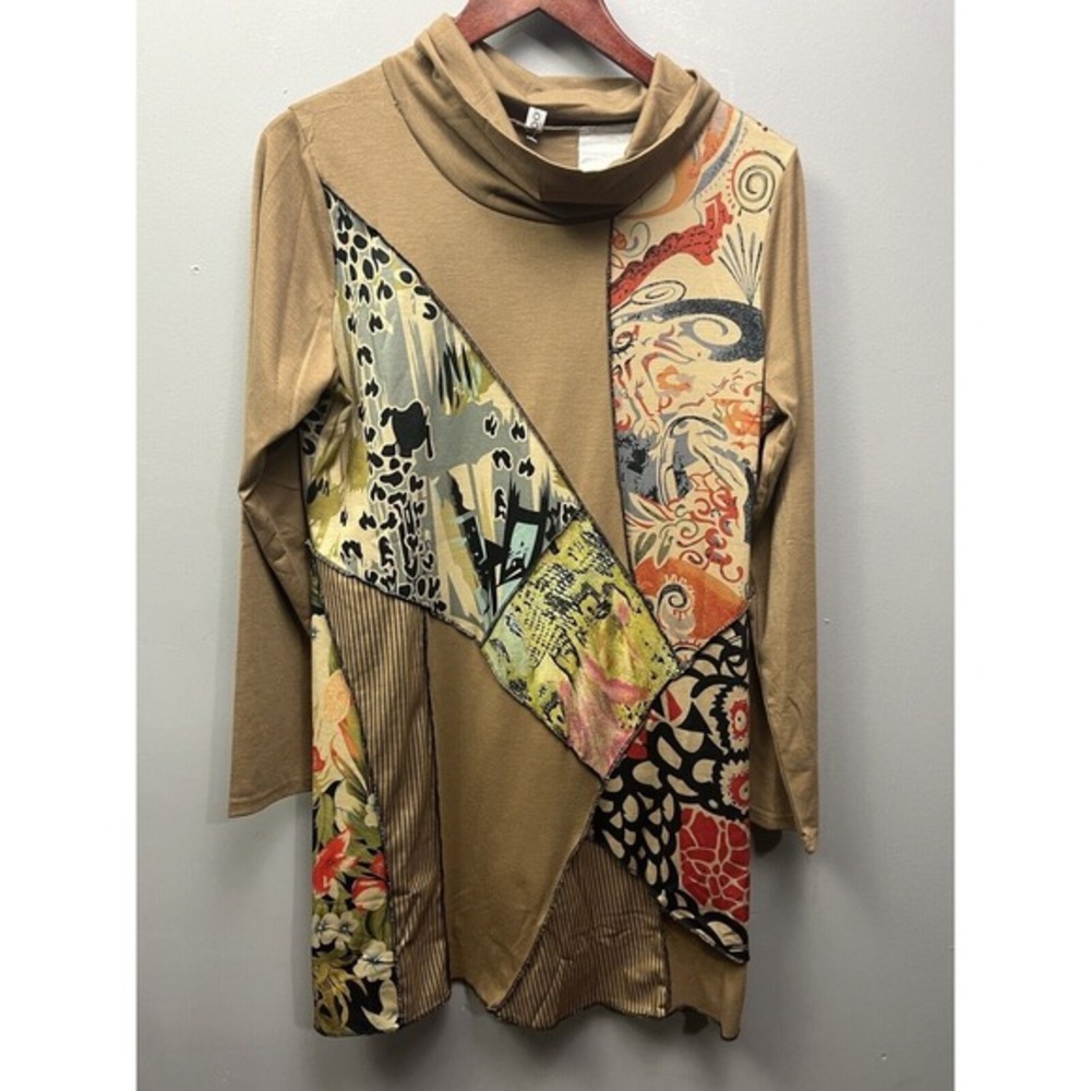 Mislook Dress Womens medium Turtleneck Tan Brown Long Sleeve Patchwork